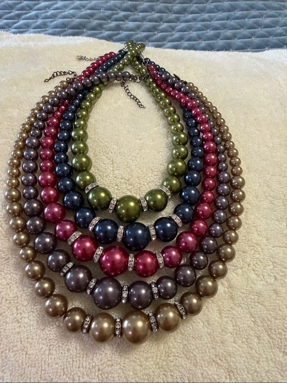 Multi-Row Beaded Statement Necklace in Olive, Navy, Berry and Bronze